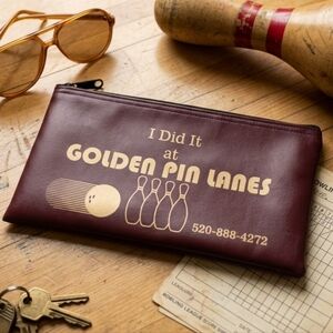 ​Vintage Golden Pin Lanes Tucson Bowling Zipper Pouch Maroon Vinyl Bank Bag